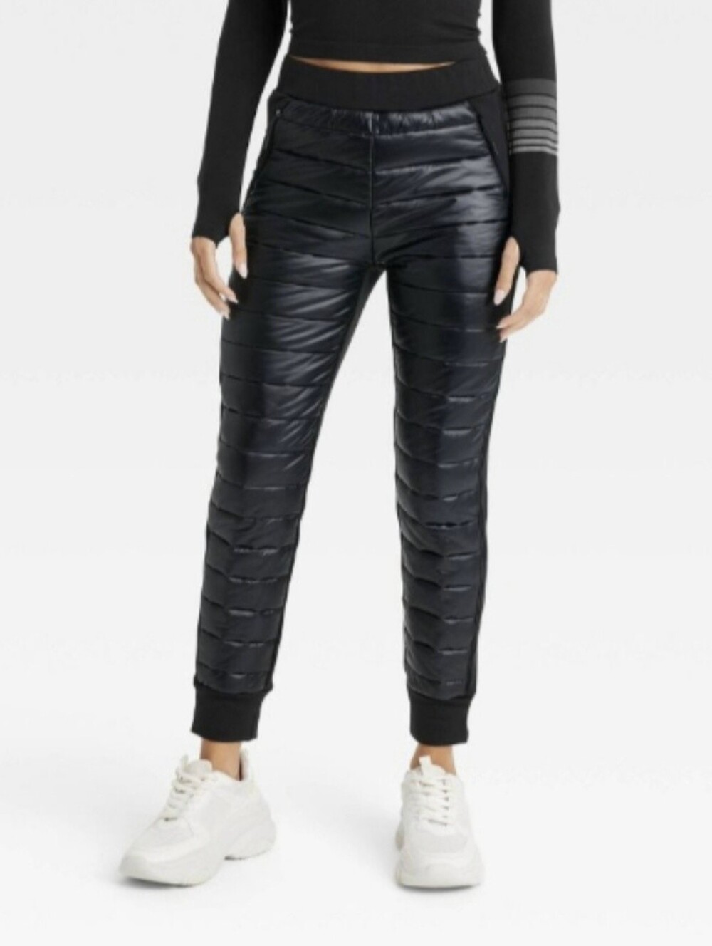 NWOT JoyLab Quilted Hybrid Puffer Down Joggers Pants Black S Small